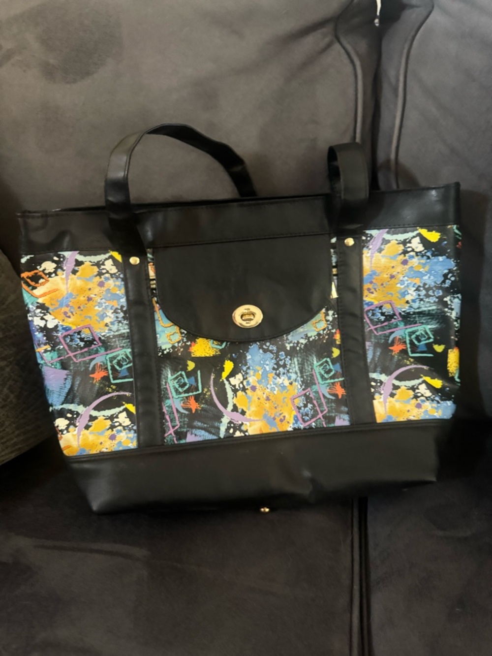 Black Tote Bag with Multicolor Abstract Print